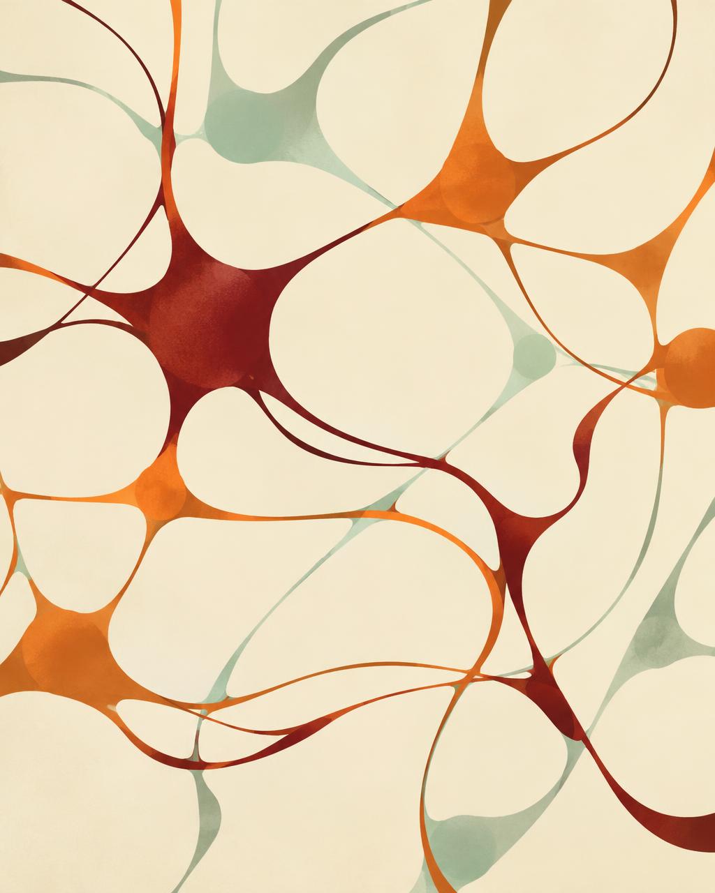 Flowing neural pathways in oxblood, orange and seafoam